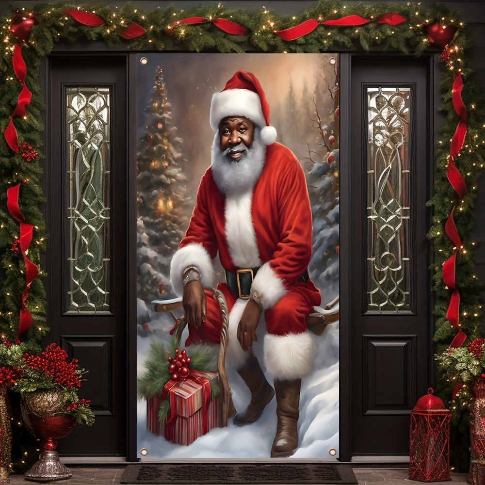 

Merry Christmas Door Cover - Santa Claus & Snowy Gift Scene, Polyester Banner With Vintage Design, Holiday Party Decorations, 70.8x35.4 Inches