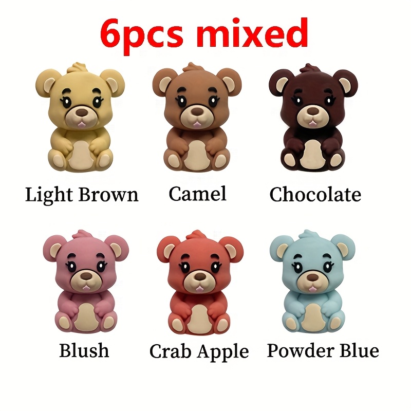 6pcs 3d Animal Silicone Beads Little Bear Beads Suitable For Pen, Jewelry Accessories, Bracelet, Beads & Bead Assortments