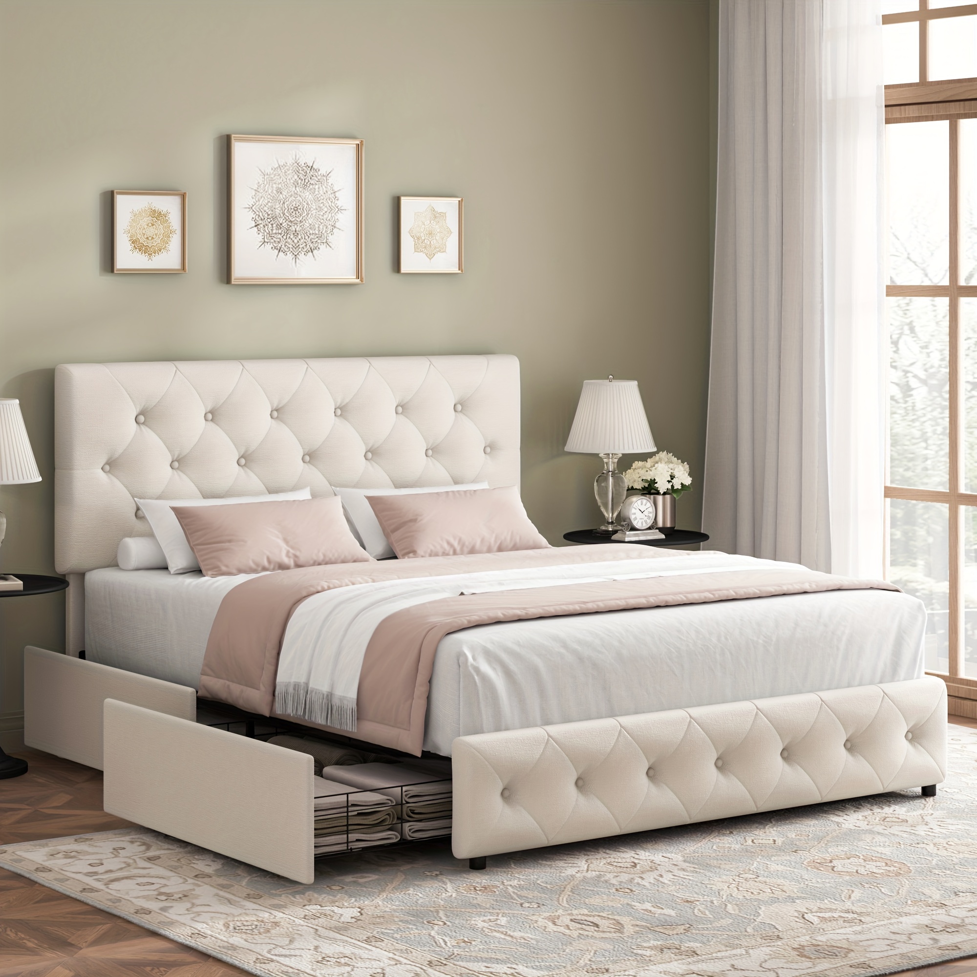 Modern Upholstered Bed Frame with 4 Storage Drawers, Platform Bed Frame with Button Tufted Headboard, Solid Wooden Slat Support