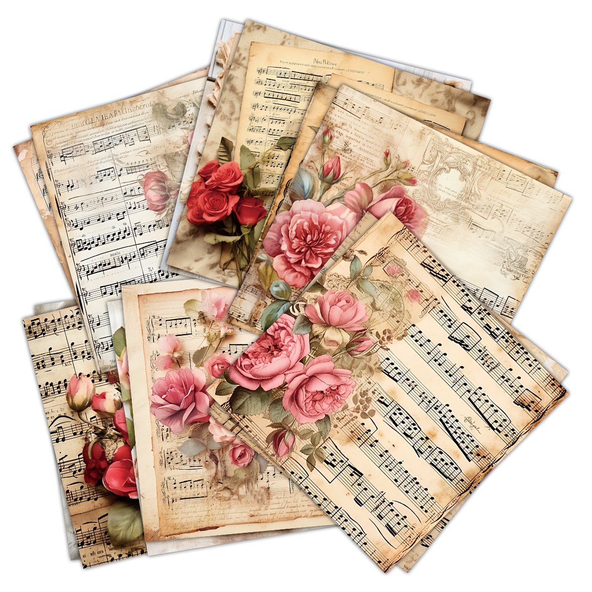 TEMU 12 Blatt Vintage Rosen Musik Scrapbook Papier, Valentinstag Scrapbook Papier, Blumenmuster Scrapbook Papier, für DIY Album Scrapbook,