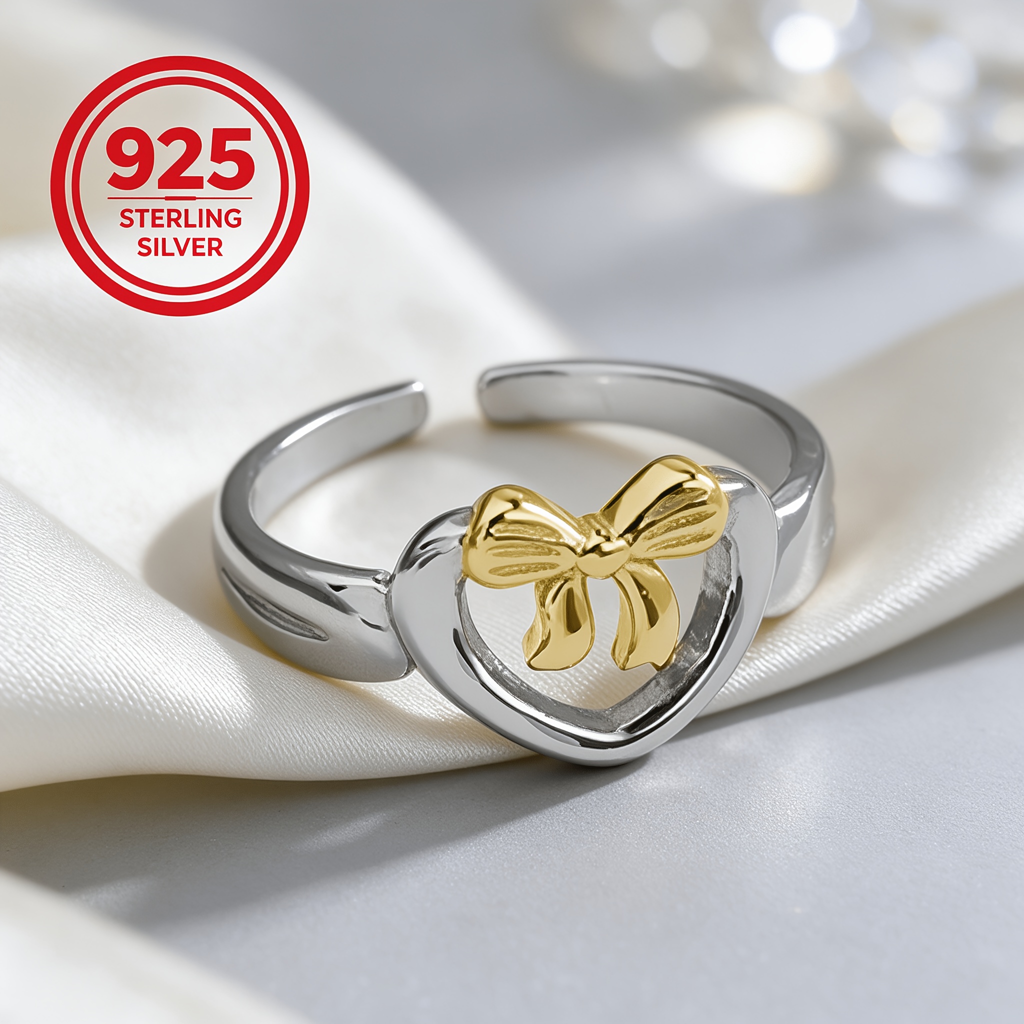 925 Silver Hypoallergenic Adjustable Open Heart-Shaped Bow Ring, Stylish