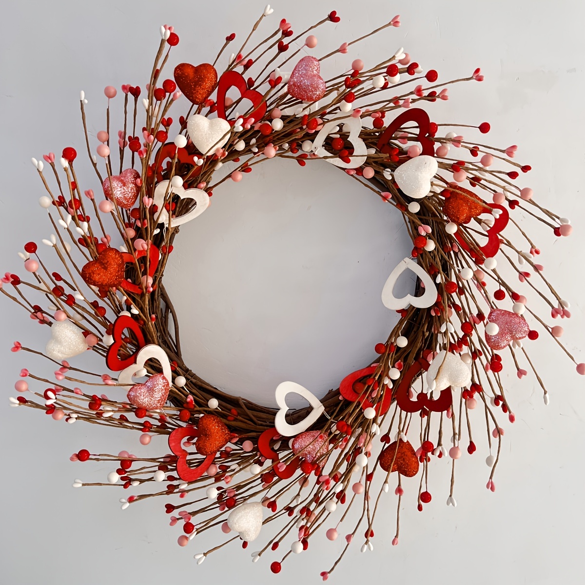 

50cm Valentine's Day Heart-shaped Wooden Sign Wreath With Glittery Red, Hearts, Berries & Beads – Handmade Artificial Floral Garland For Home, Party Decor & Gift Idea, Valentines Decorations