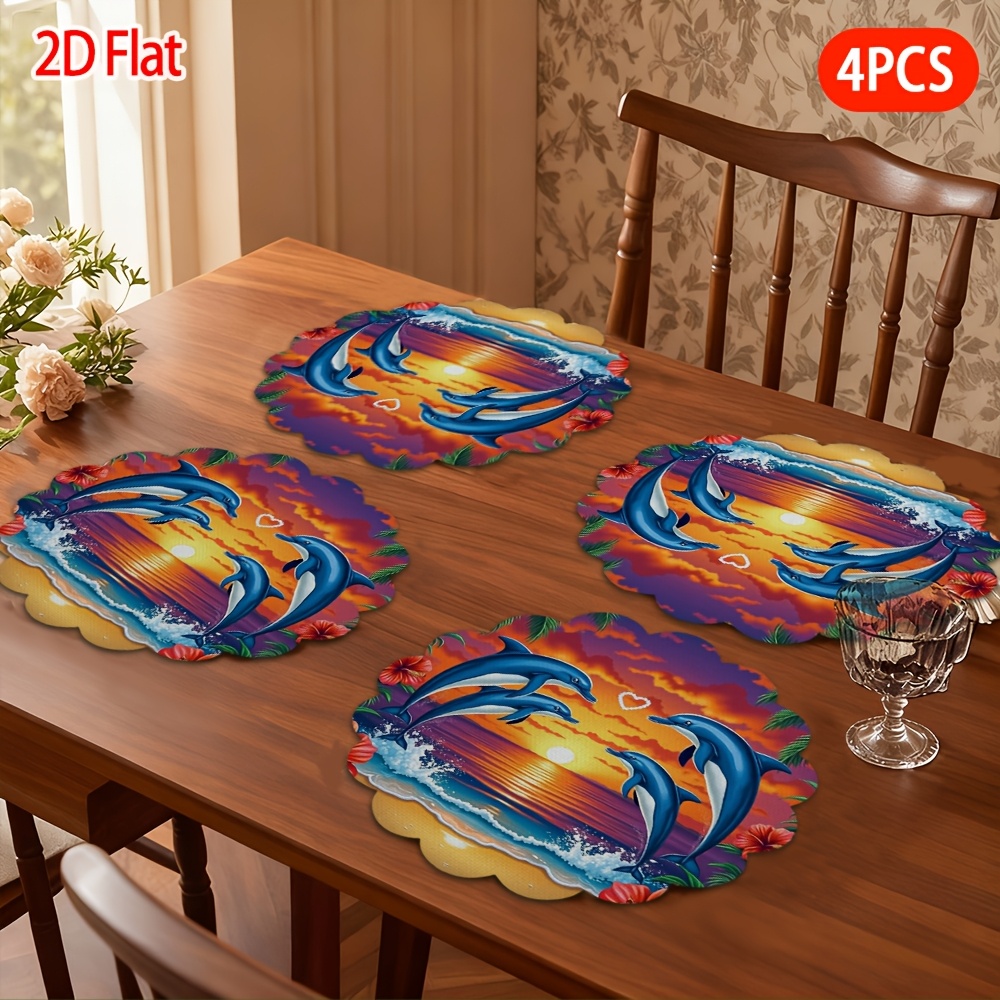 TEMU 2d Flat, 4pcs Placemats, Dolphin Leaping In Pattern, Lace- Tableware Mats, Perfect Easter Decoration, Valentine's Day Gift, Suitable For Dining,