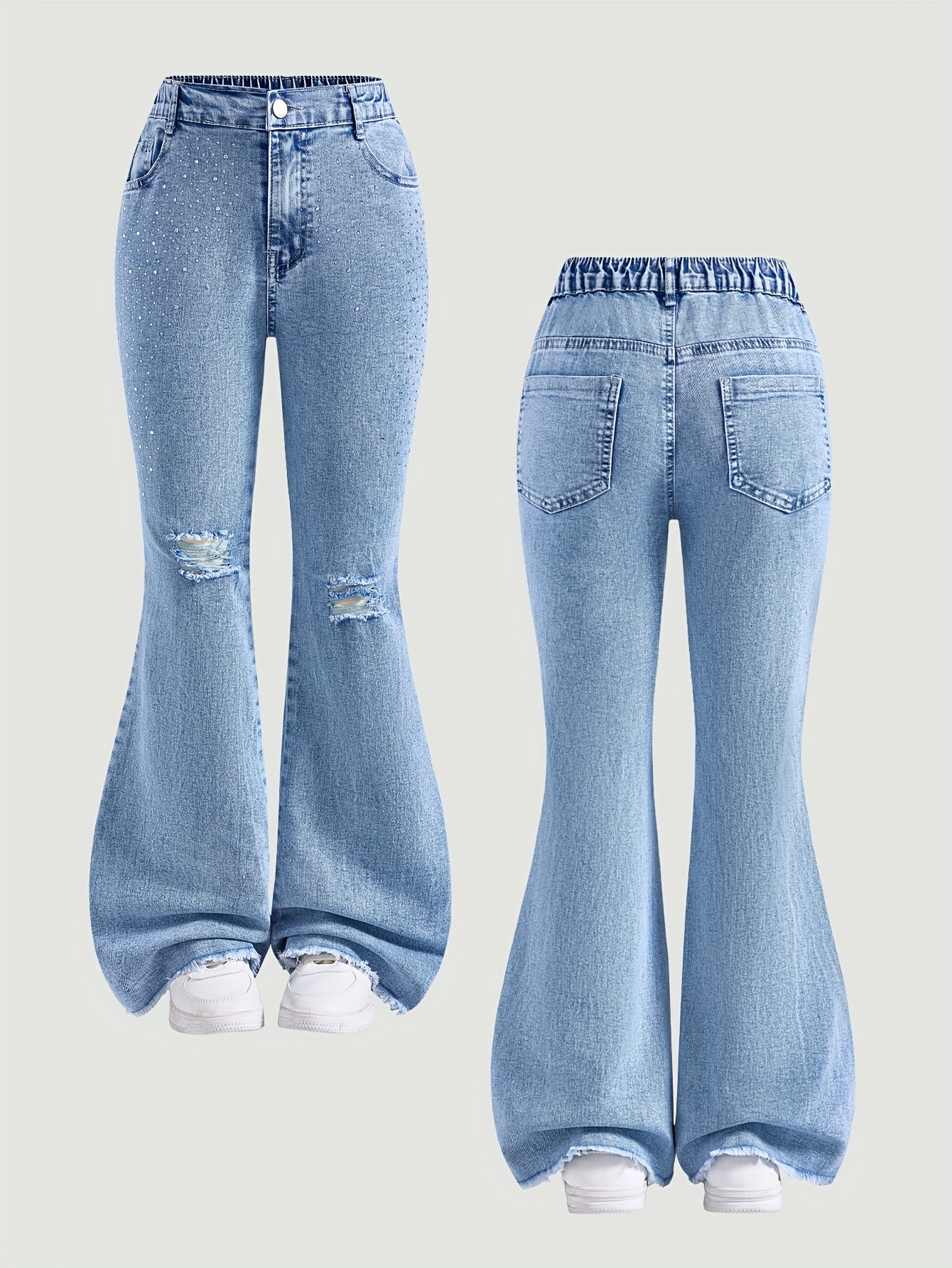 Girls' Casual And Easy Washed Stretch Slim-Fit Flared Jeans. Light Blue Trendy And Versatile Jeans with Frayed Hems. Suitable for Wearing in All Seasons