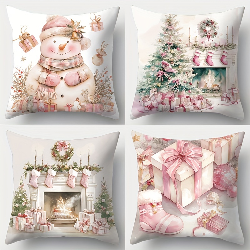 

Single-sided Christmas Pillow Covers - 4 Pieces - Soft Fabric - Pink & Snowflakes - Hand Wash Only - Contemporary Style - Suitable For Living Room