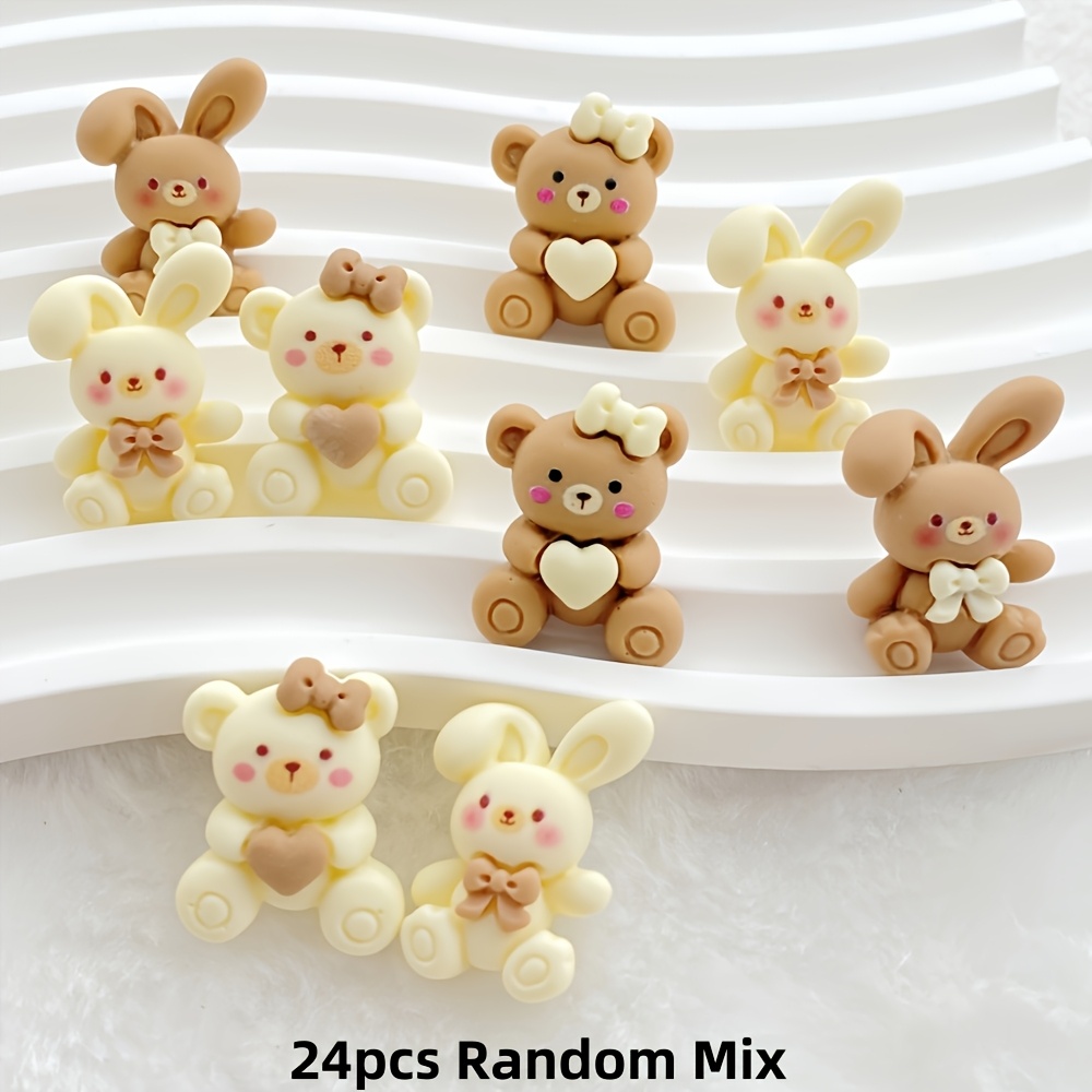 TEMU 64pcs/24pcs New High-quality Random Exquisite Animal Decorative Beads - Rabbit, Bear, Bunny And Heart-shaped Pastel Colors - Flatback Resin