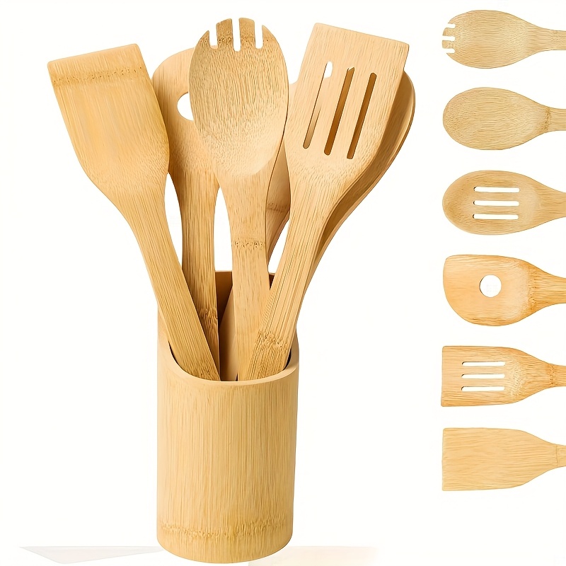 6/7pcs Kitchen Utensil Set, Bamboo Wood Spoons And Shovels, Minimalist Modern Kitchen Tools, Essential For Apartments/camping/travel/rv