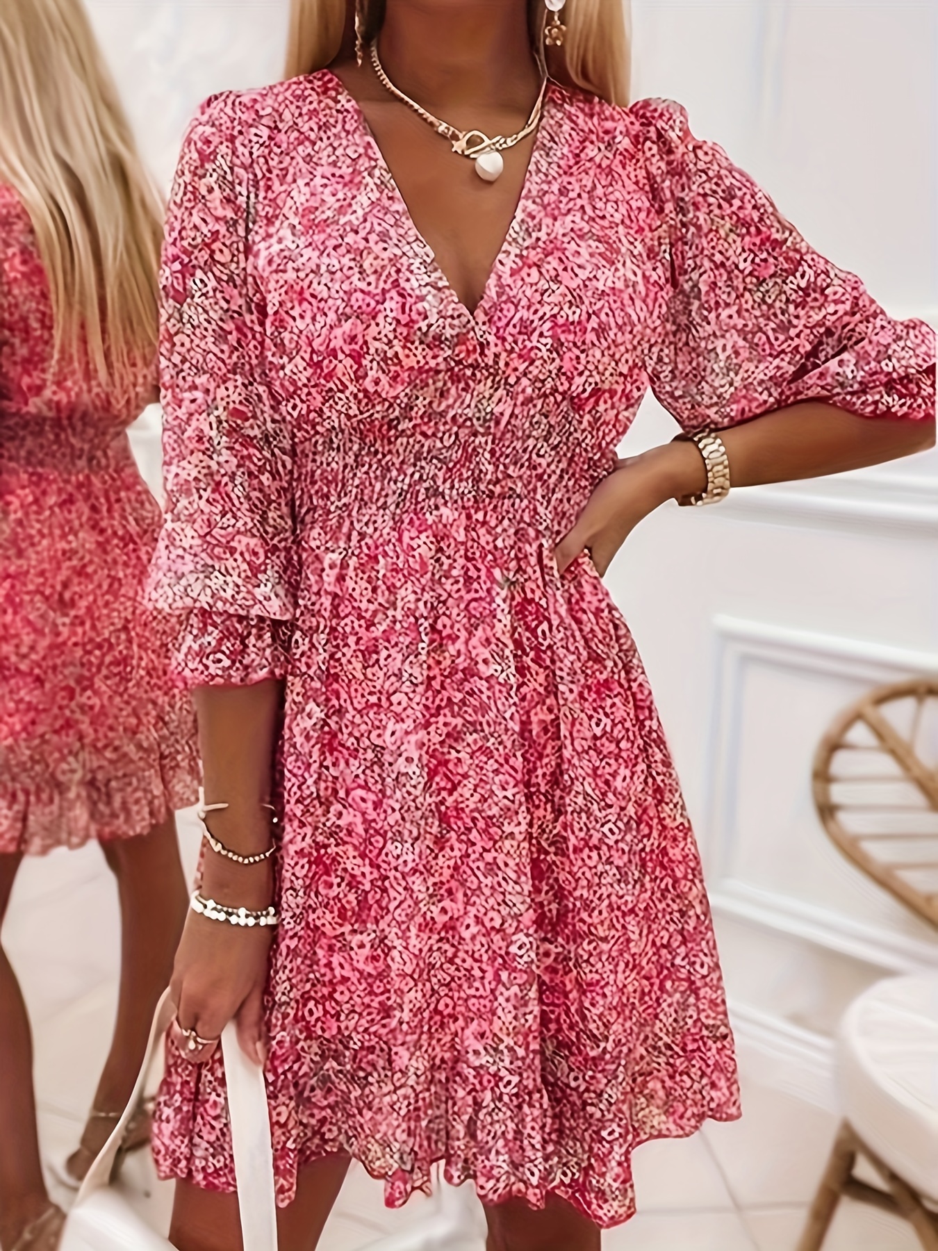 shirred waist v neck dress floral print elegant 3 4 sleeve dress for   womens clothing details 16