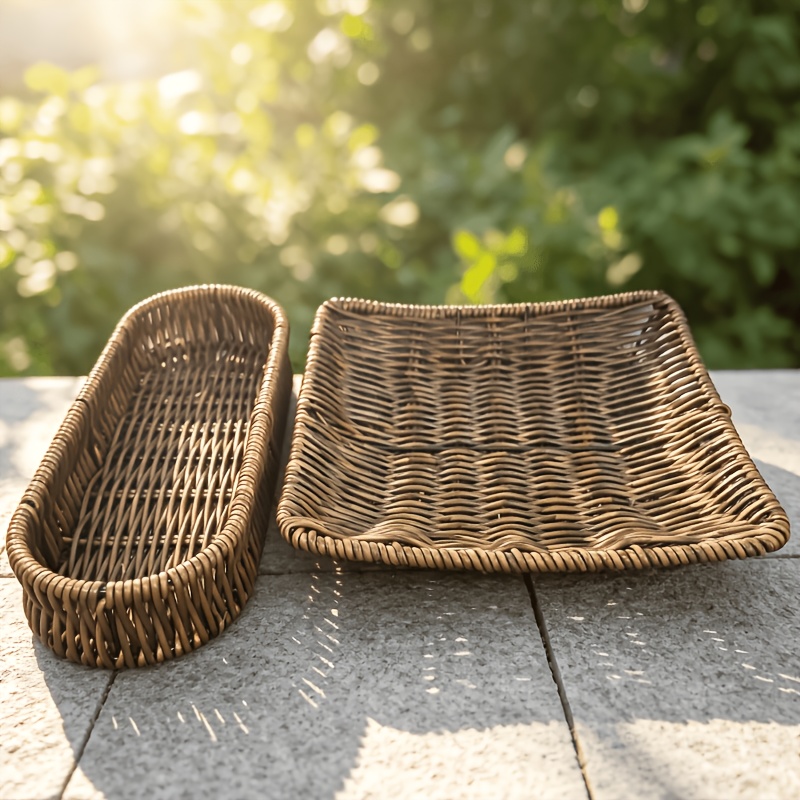 TEMU 2pcs Rustic Style Synthetic Rattan Storage Basket Set - Multi-functional Rectangular And Square Rattan Organizer Trays For Shelves, Countertops,
