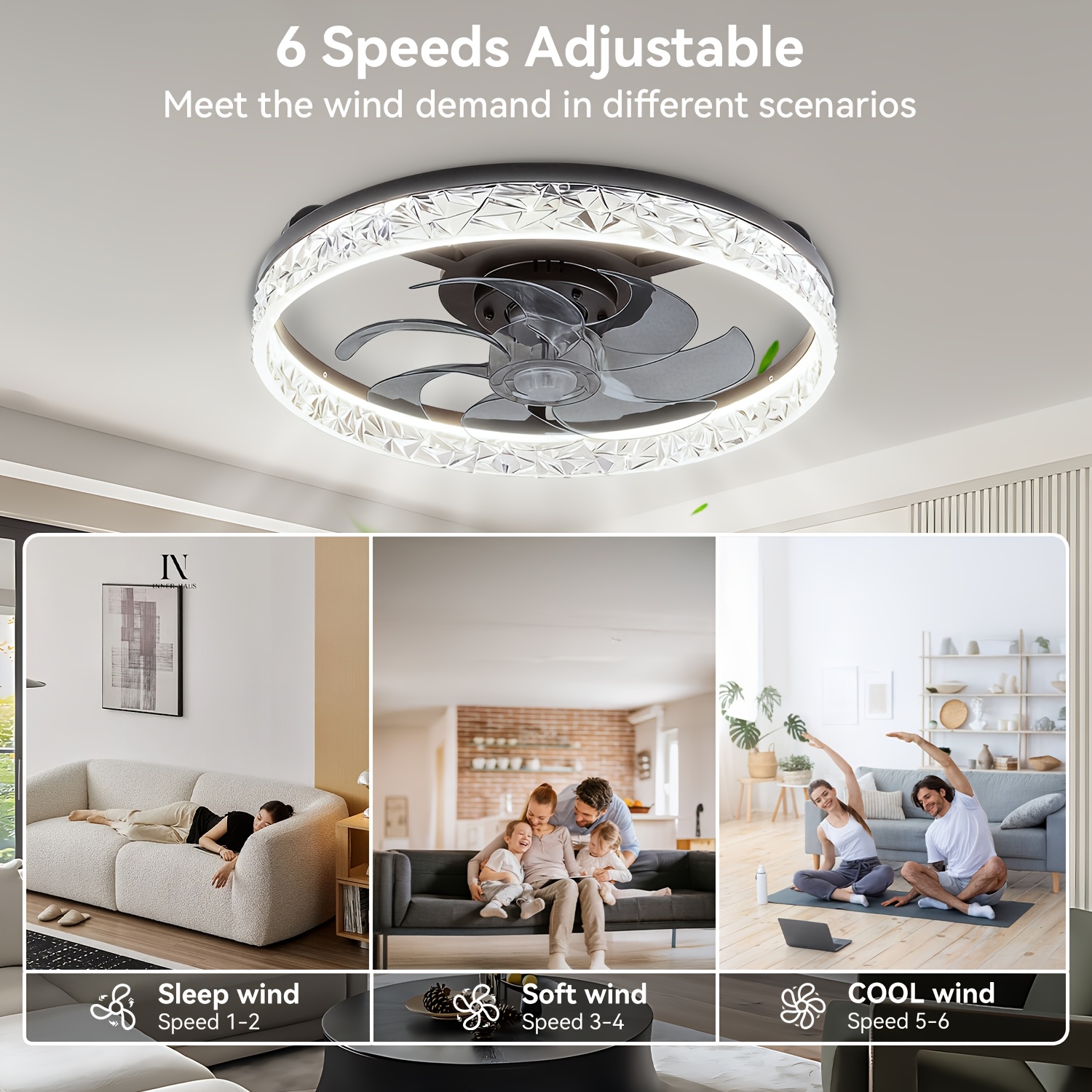 led ceiling fan 20 ceiling fan with lights   control 3 colors dimmable 6   crystal frame timing function reversible   indoor flush mount low profile ceiling fan for bedroom living room Product details 1
