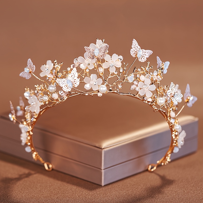 

1pc Tiare de princesse avec papillon et fleurs, couronne nuptiale en de zinc avec strass, accessoire de cheveux élégant, non lavable, pour mariage, anniversaire, scène - Adapté aux âges 15+