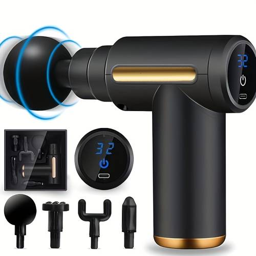a portable electric massage gun with 32 adjustable settings featuring 4 interchangeable massage heads suitable for massaging the feet legs waist neck and back