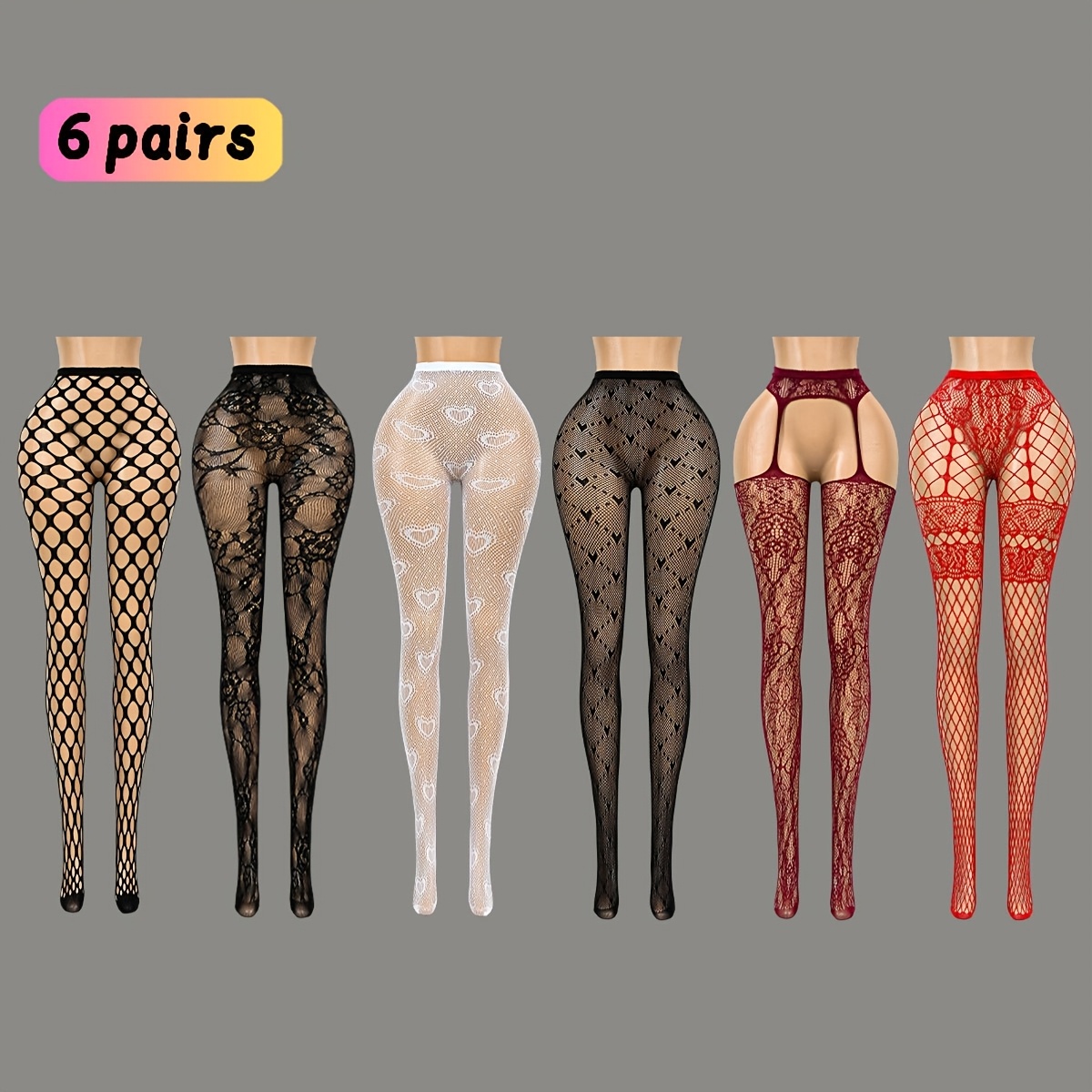 6-Pack Kant Geribbelde Dames Jarretelkousen, Visnet Panty's, Zwarte Panty's, Lange Sokken voor Daten, Feestdagen Cadeau, Lingerie Accessoires