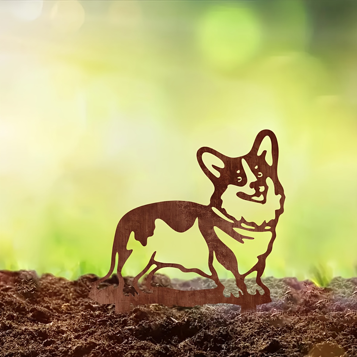 TEMU 1pc Corgi Garden Stake Made Of Rusted Metal, A Touch To Your Outdoor Space. This Metal Art Pillar Measures Inches And Enhances Your Courtyard Or