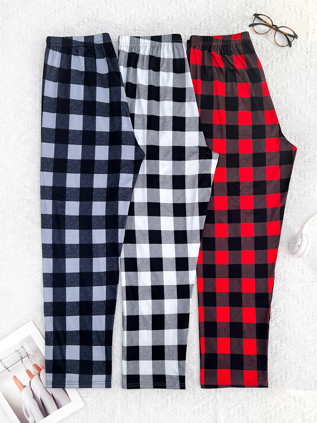 3 pack mens   print   with checkered large grid patterns elastic comfortable long pajama   suitable for   lounge wear machine washable 3pcs bulk pack