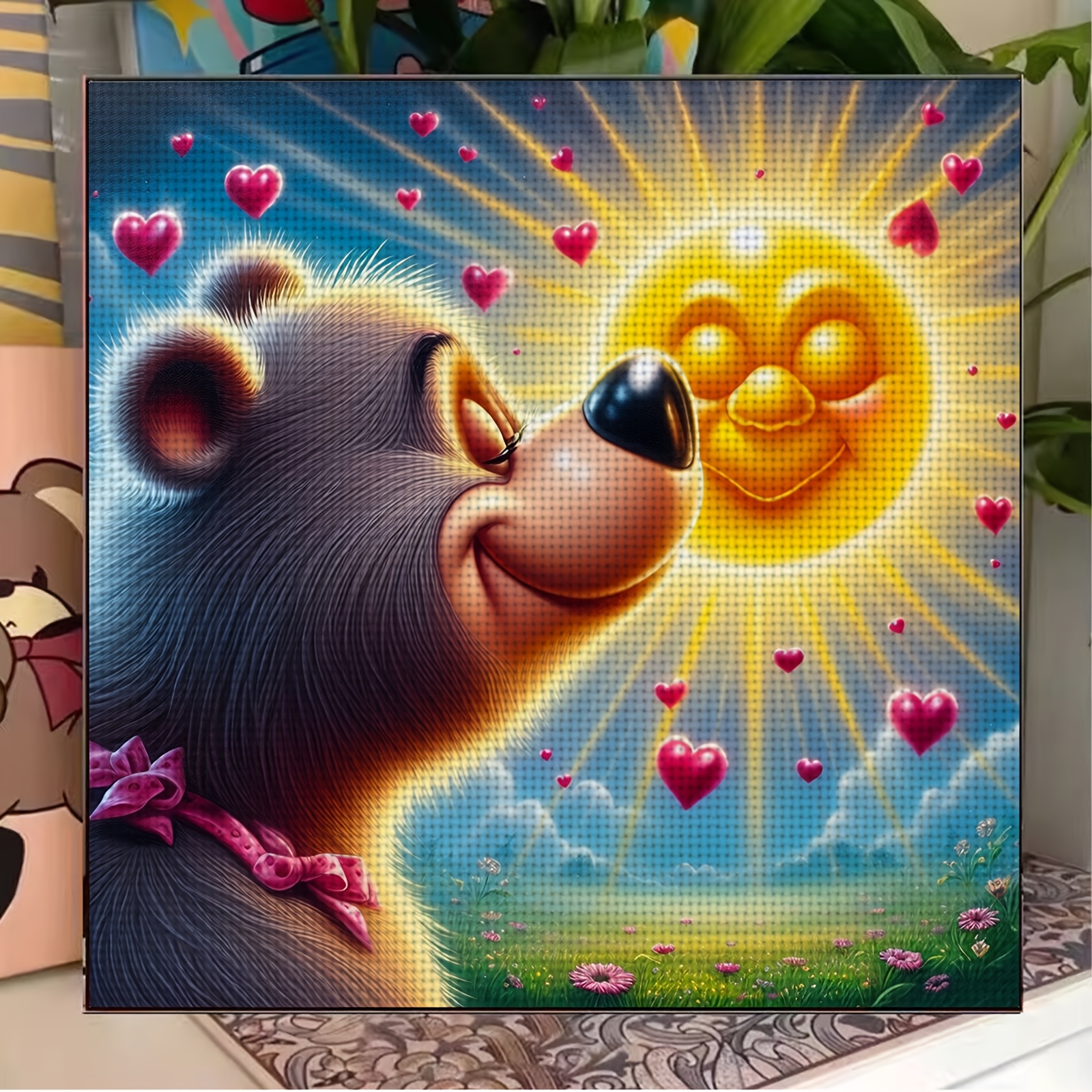 Frameless 11CT Printed Fabric Cross-Stitch Kit Featuring Bear Kissing Smiling Sun