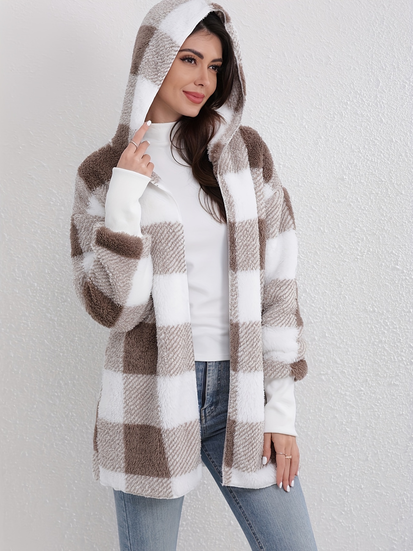 Generisch Fleecejacke Damen Elegant Langarm Cardigan Große Größen Flauschig Plüschjacke Sweatshirt Warm Winterjacke Frauen Fleecemantel Lose Casual Teddyjacke Mantel Coat