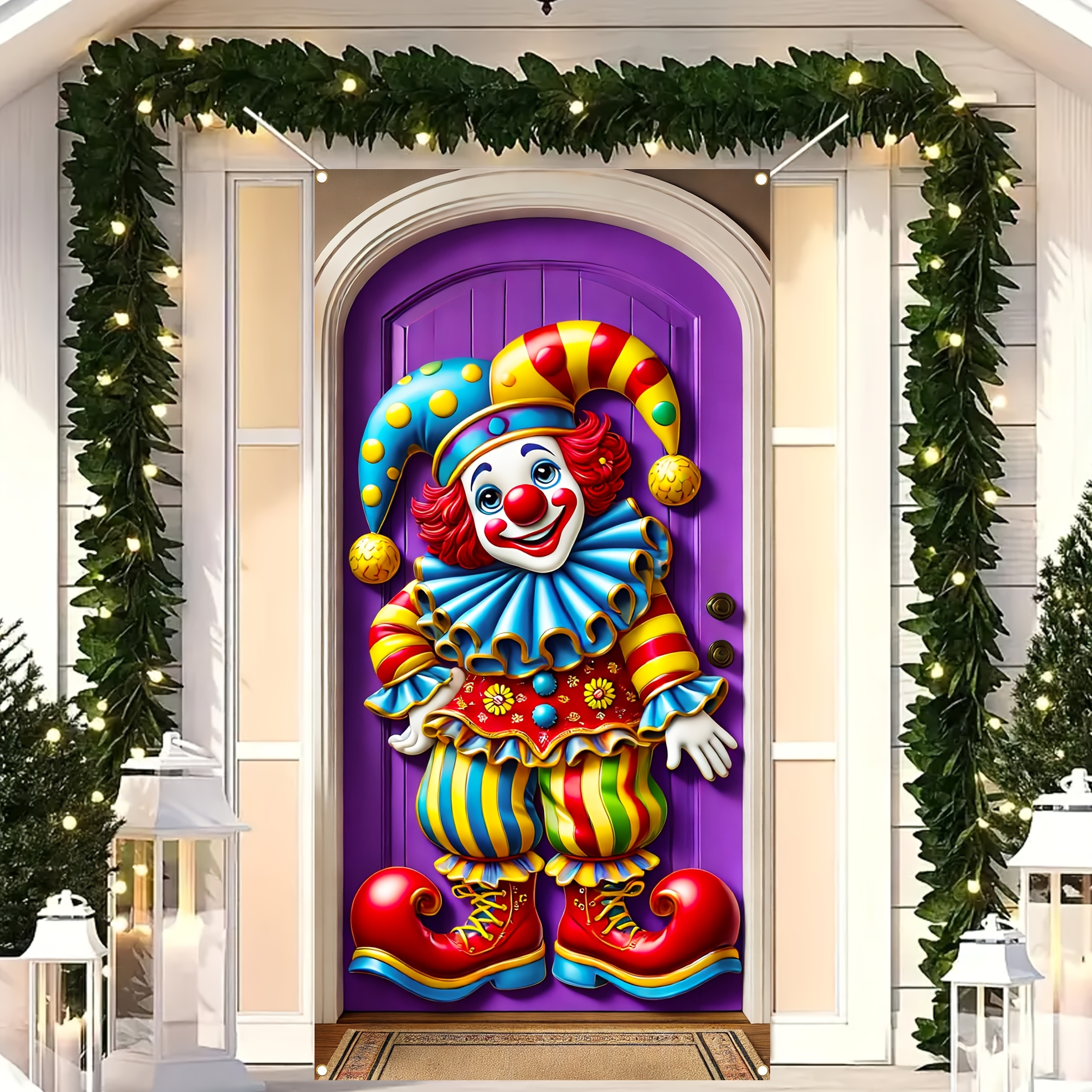 

2d Door Banner 35x70 Inches Carnival Clown Door Banner, Polyester 2d Porch Hanging Decor, Artistic Style For Holiday And Party, No Electricity Needed