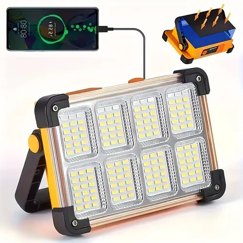 1pc solar rechargeable led floodlight portable 3600mah battery color changing button control for camping s emergencies black with power indicator essentials grid led arrangement durable plastic body