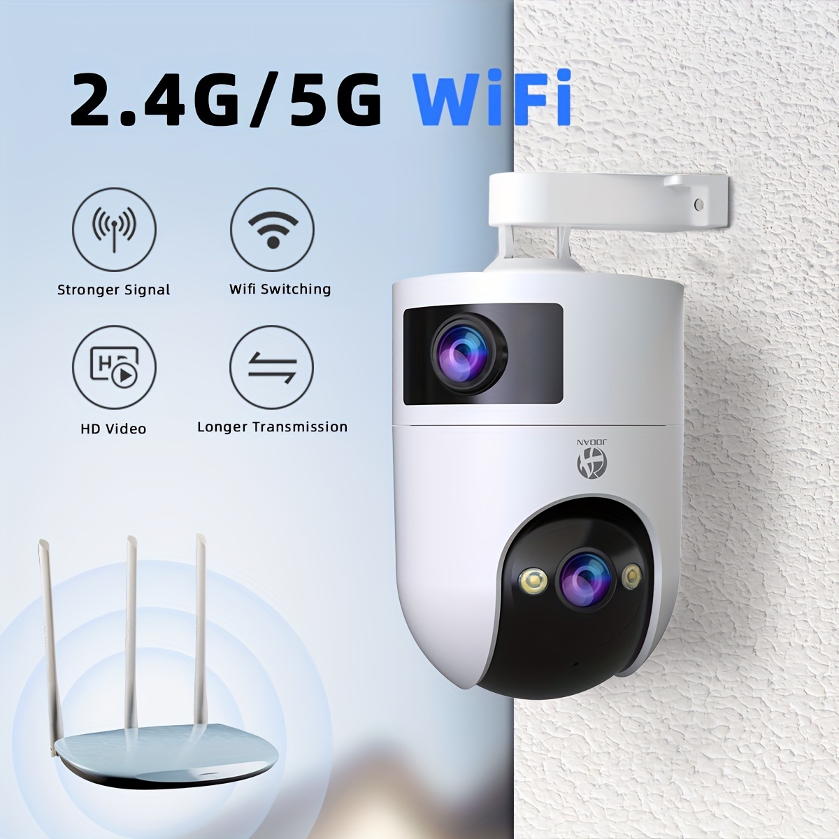   4k outdoor dual lens ptz wifi camera 5g compatible wall hanging 1296p video two way audio hd resolution application control   alerts color display usb power without battery for security monitoring details 6