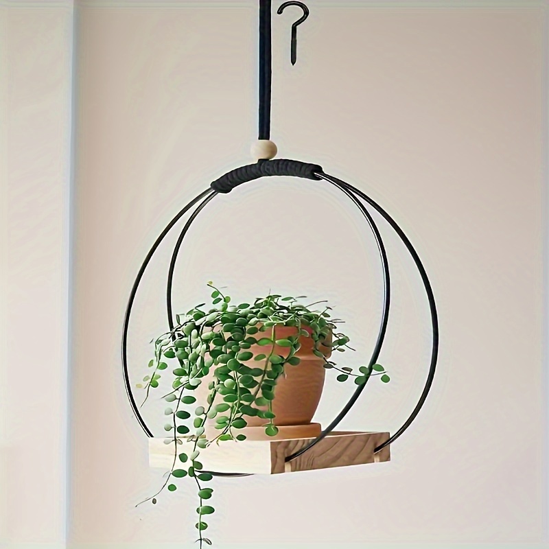 Image of 1pc Pmmj Macrame Plant Hanger - Stylish Indoor Hanging Planter With Wood Base, Bohemian , Iron Material, Use, For Wall, Window & Room Decor, Pot & Plant Not Included, Industrial Hardware Item