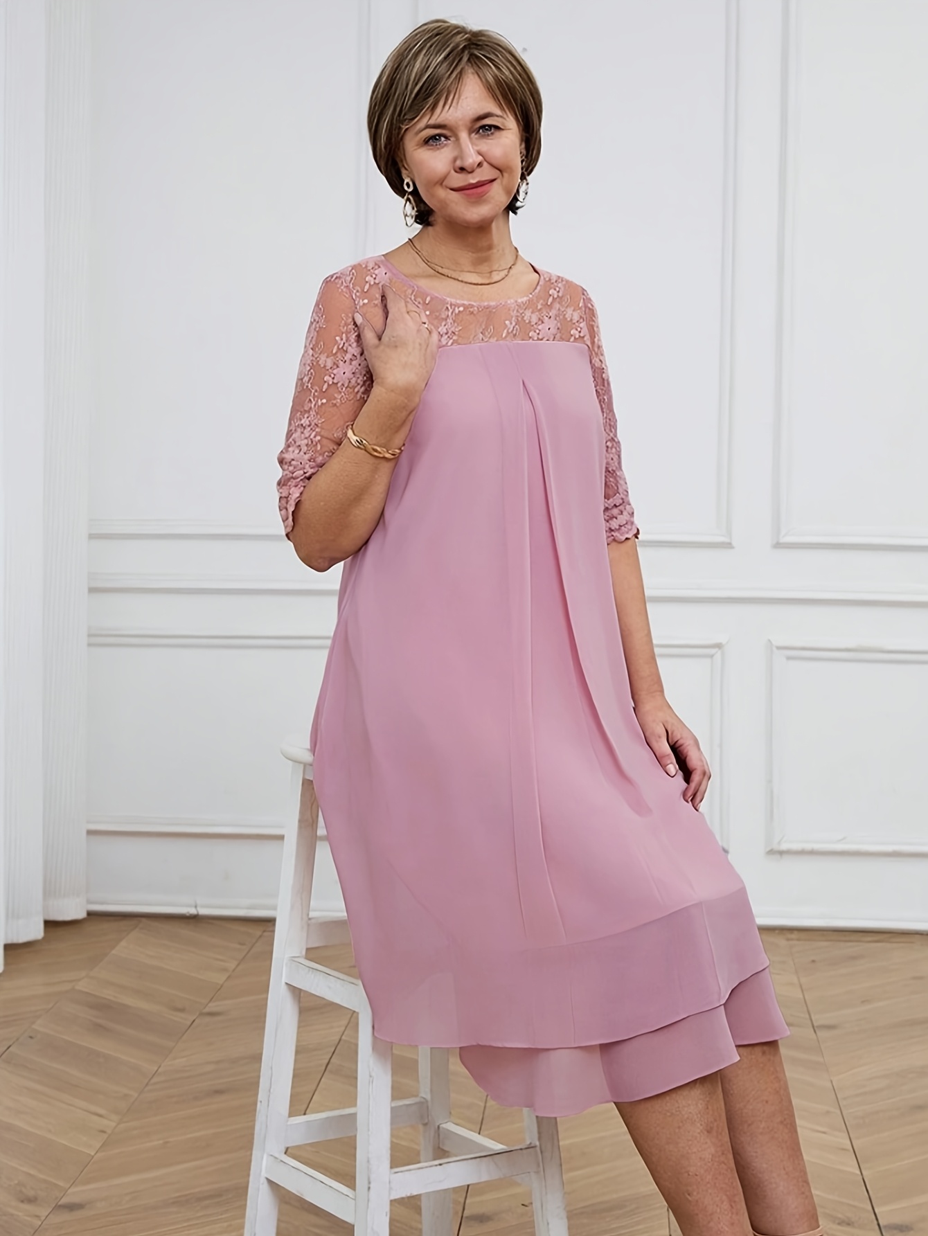 womens elegant lavender a line dress with lace sleeve trim soft   lavender round neck short to medium length casual to semi formal dress hand washable non stretch fabric for   wear office wedding guest party adult womens fashion peach 0