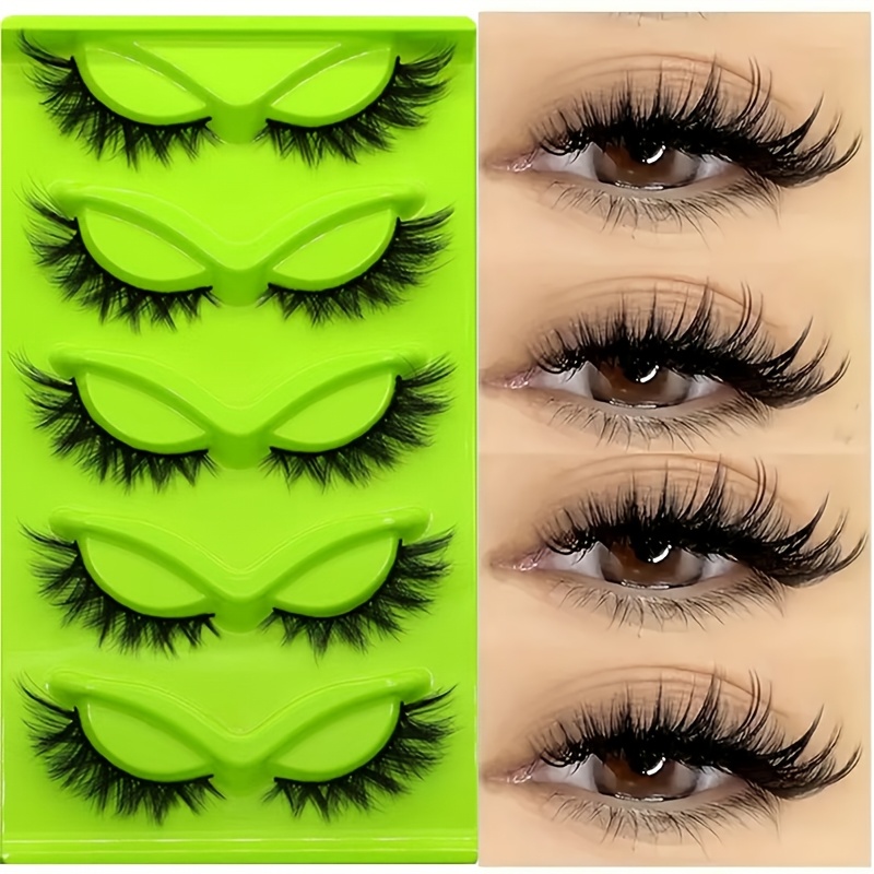 

5 Pairs Luxurious 3d Cat Eye False Eyelashes Set - , Fluffy, Extra , C/d , Mixed Length 13-18mm, 0.07mm Thickness, Reusable, Easy To Apply For Beginners, Green Tray