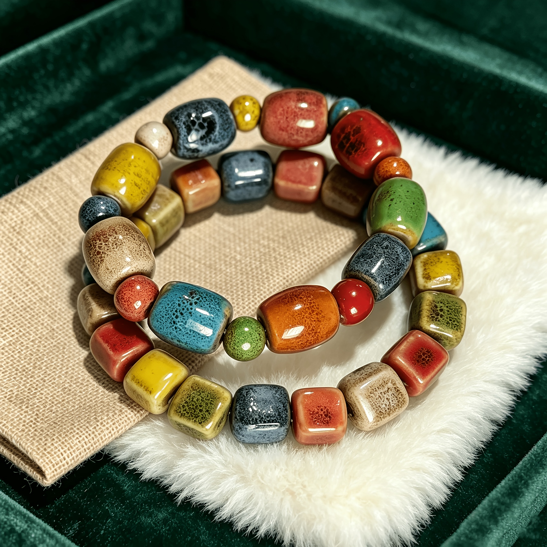 TEMU 2pcs Vintage Bohemian Colorful Ceramic Beaded Bracelet, Glossy Glazed Handmade Geometric Bracelet, Colorful Jewelry, Women's Beach And Vacation