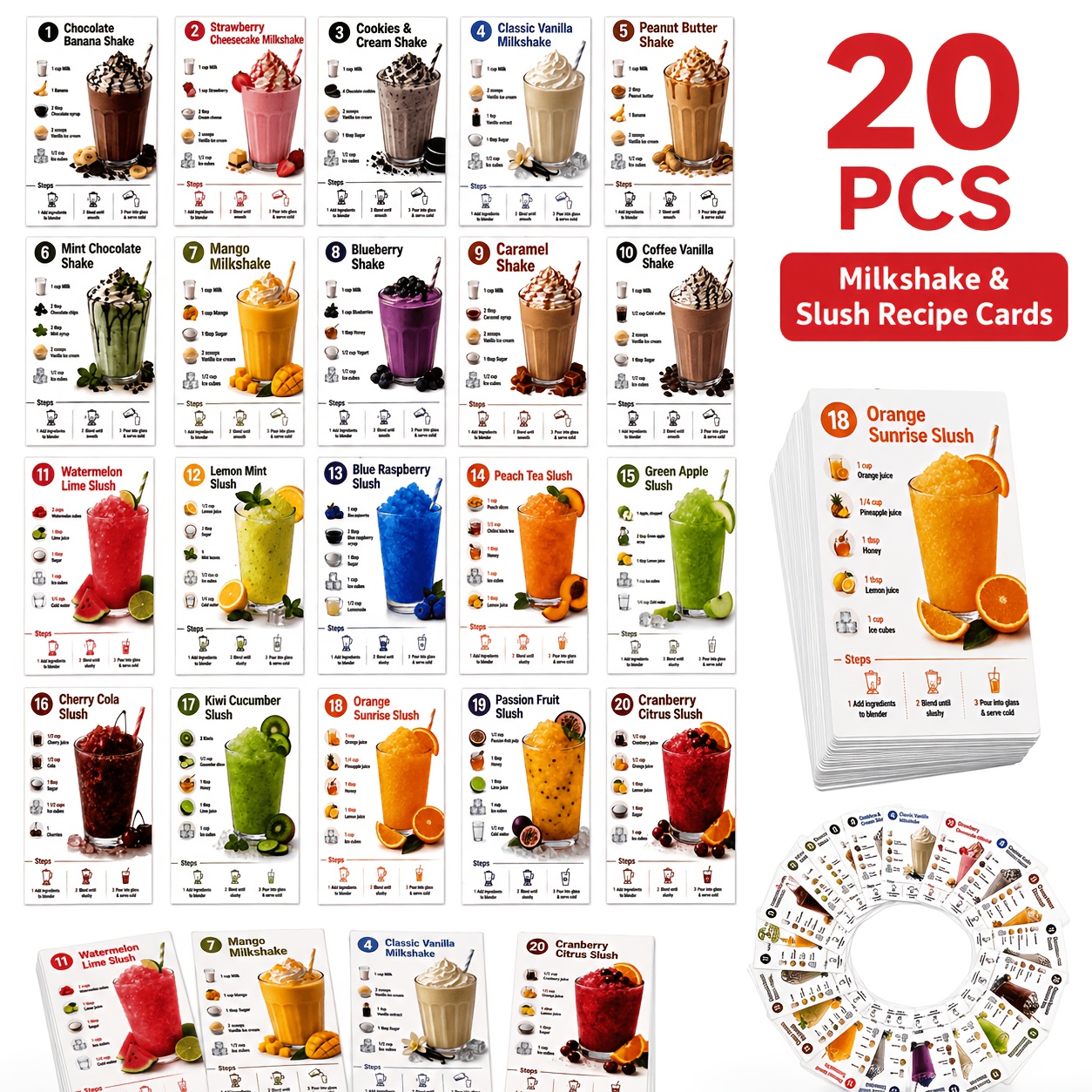 TEMU 20-page Milkshake And Smoothie Recipe Card Book - Includes 20 Flavor Chart Cards, Suitable For Home Kitchens, Beginners, Birthday Gifts, Summer