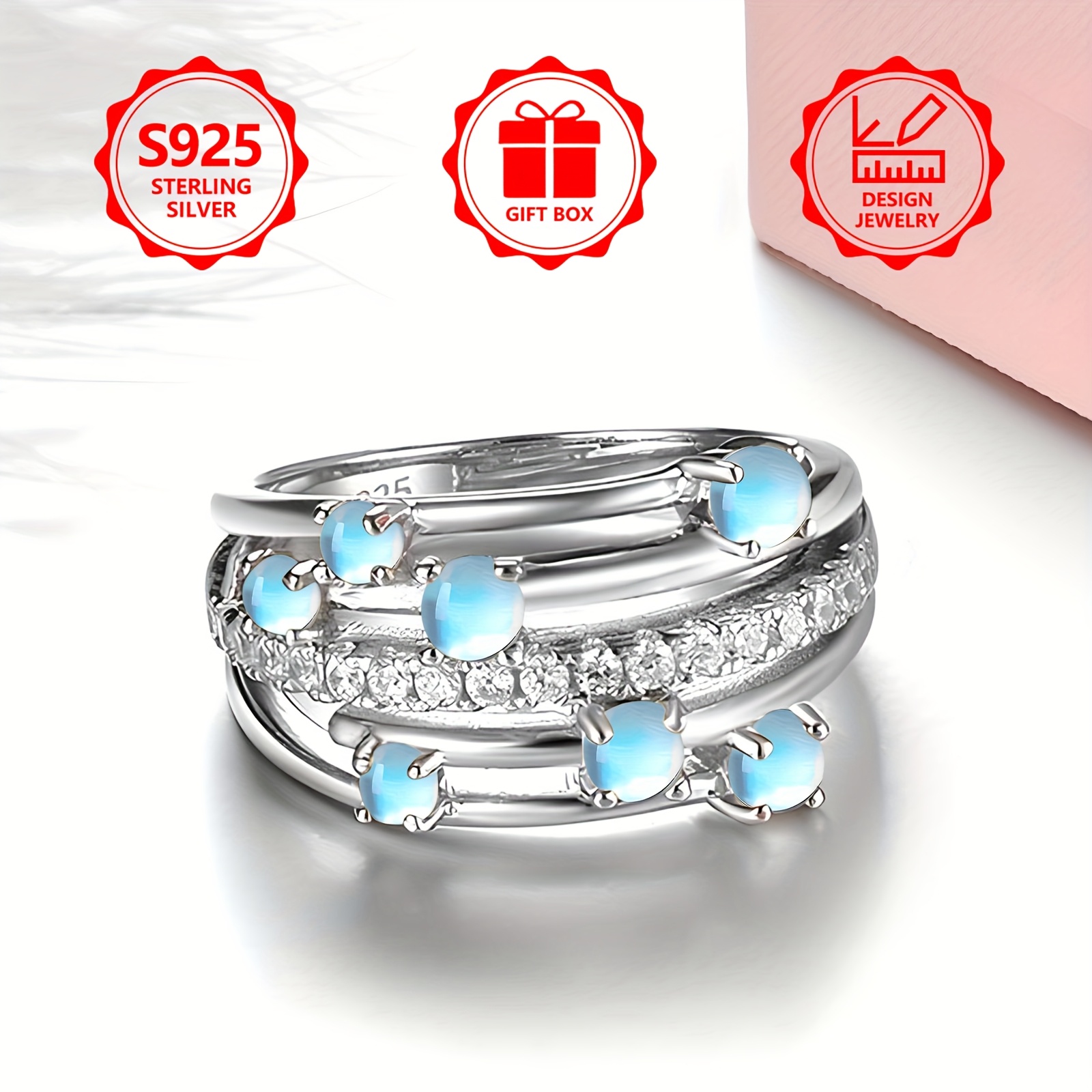 925 Silver Moonstone Layer Ring with Zirconia