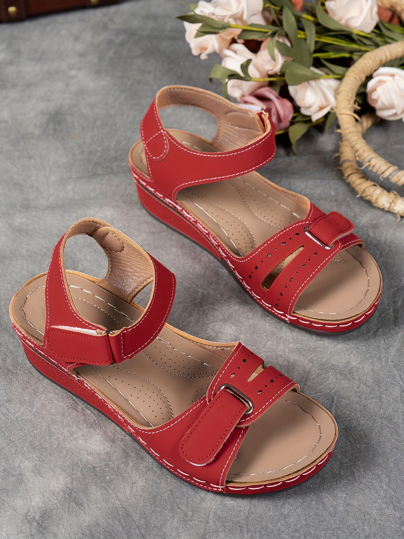   womens beige wedge sandals comfortable open toe platform shoes with adjustable ankle strap perforated design for   casual summer fashion strappy sandals Product details 21