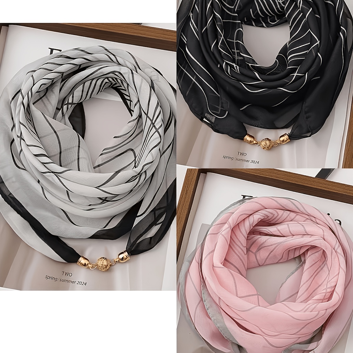 TEMU 3 piezas de bufandas de estilo minimalista de moda, estilos negros, blancos y grises que emiten profesionalismo y , estilo rosa que dulzura y