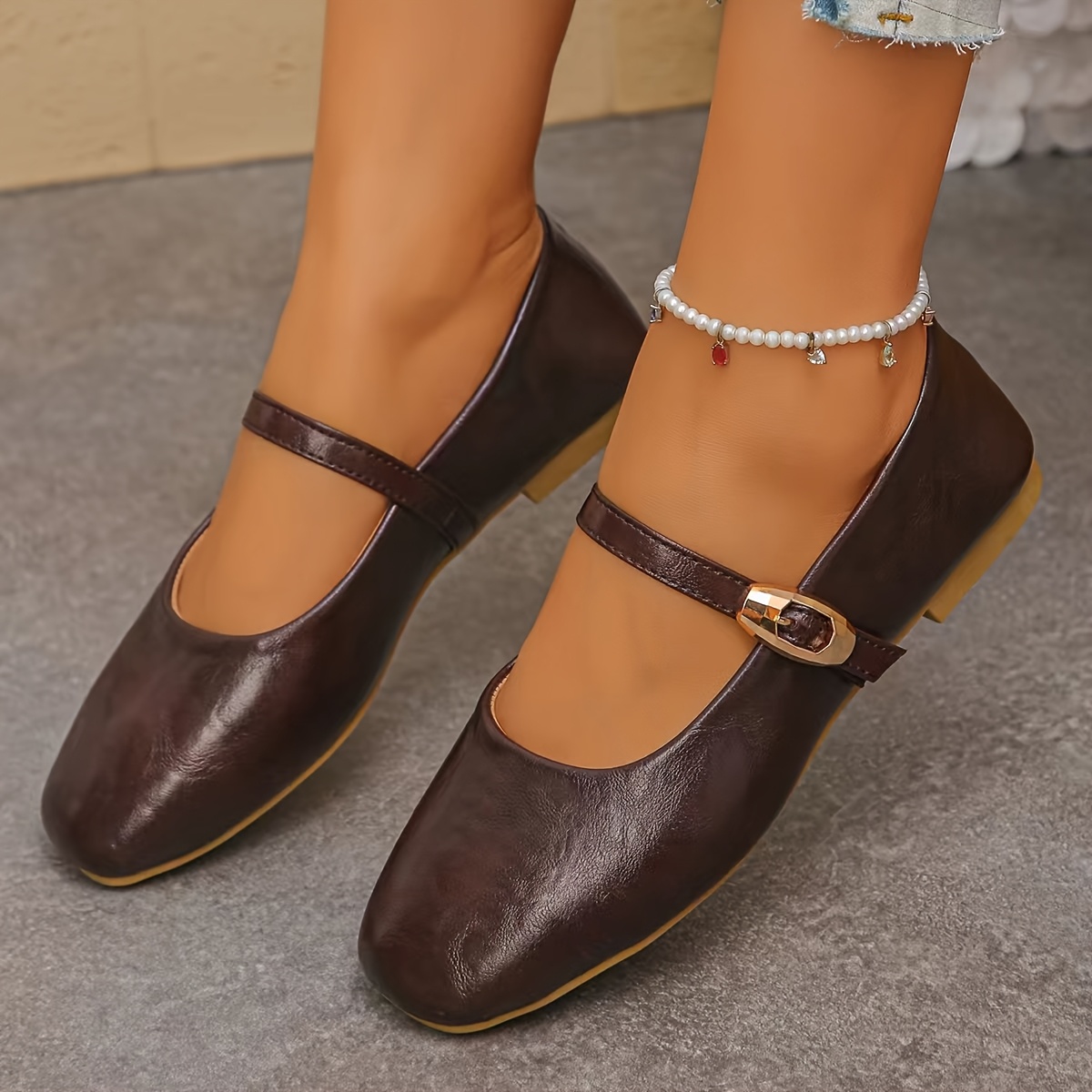 TEMU Women's Vintage Square Toe Flats, Adjustable Strap Soft Flat Shoes, Casual Daily Walking Ballet Shoes, Women Shoes
