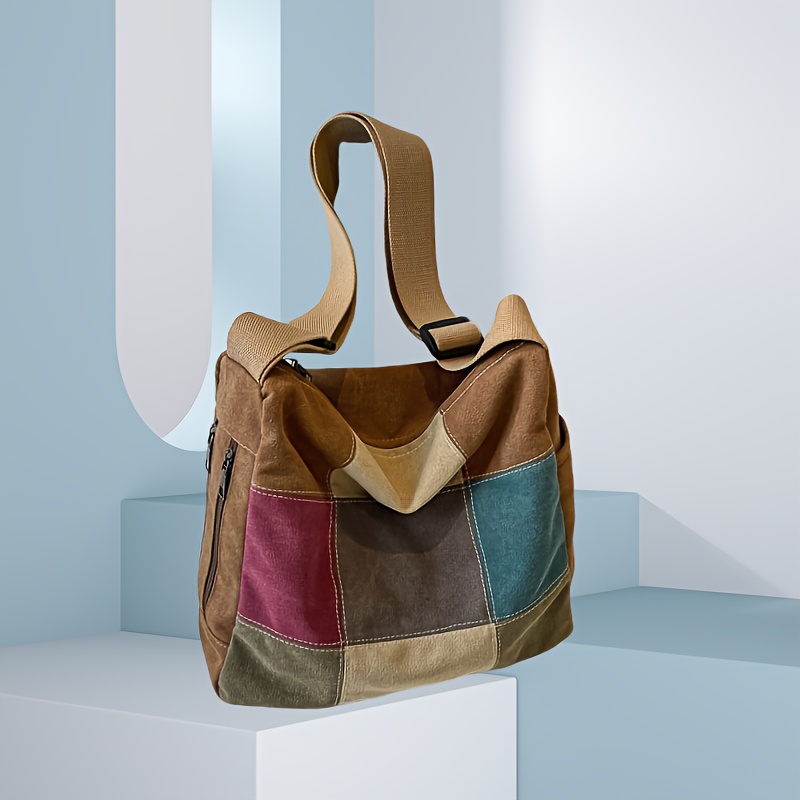 E-shop Retro Patchwork Canvas Damen Schultertasche, Design Lazy Style Literarische Umhängetasche