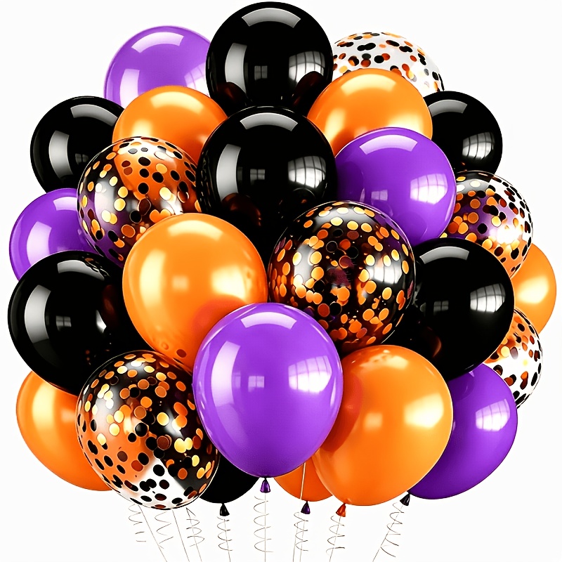 Image of 33pcs Halloween Orange, Black, And Purple Balloons With Black, Orange, And Multicolored Confetti Balloons, Suitable For Halloween, Birthday, And Trick-or-treat Party Decorations