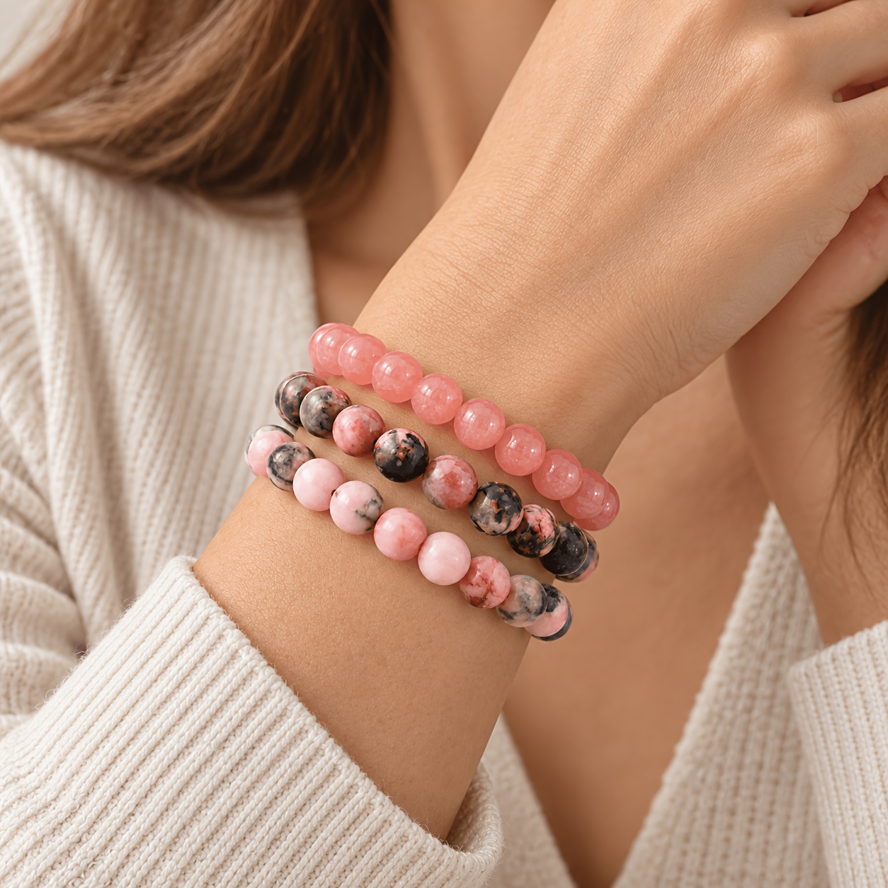 TEMU Ensemble de 3 bracelets en naturelle pour femme - Bracelets extensibles superposés 3 couleurs, couleurs douces pour un port , mariage, cadeau