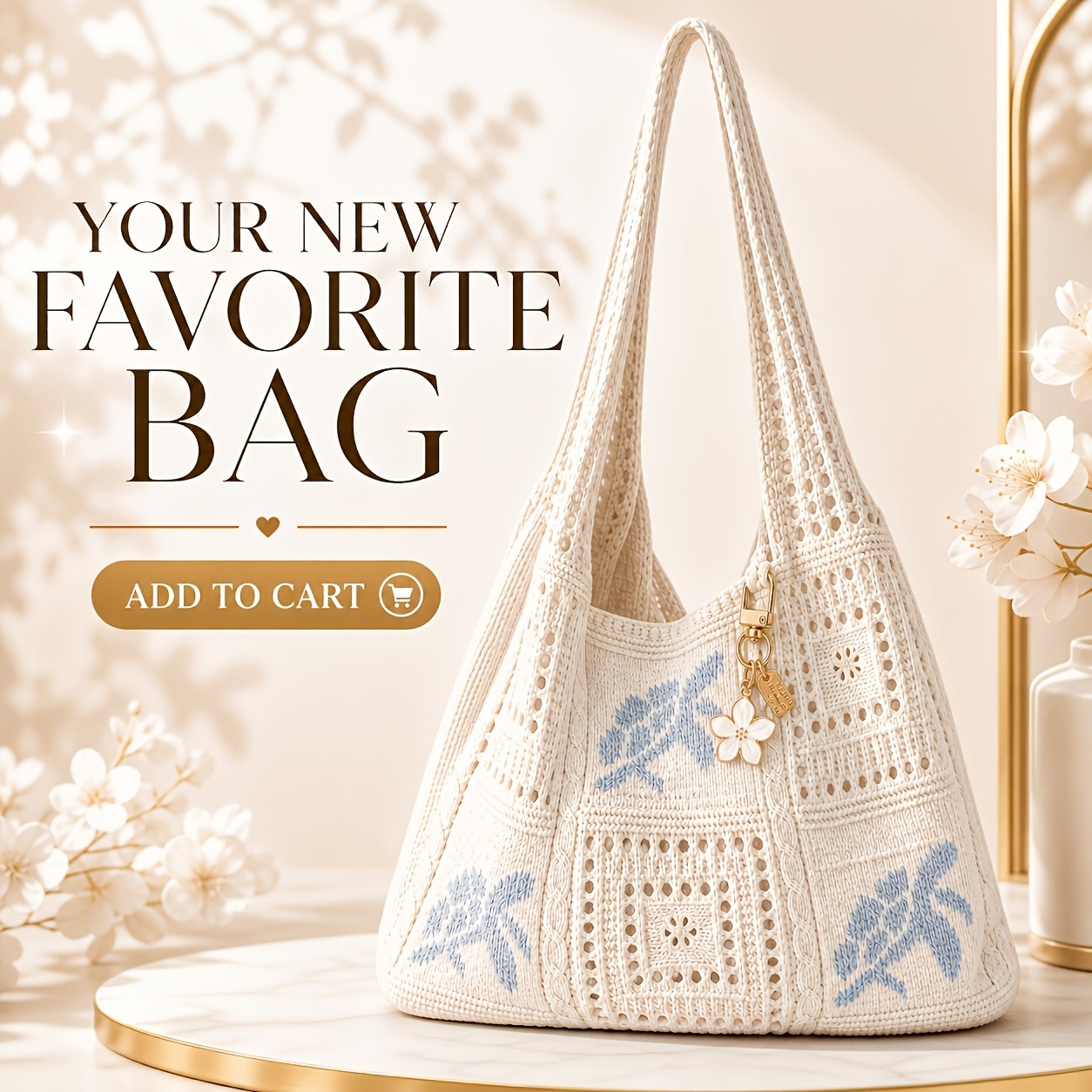TEMU 1 Bohemian Style Crochet Tote Bag + 1 Creative Flower Charm, Suitable For Travel - Large Capacity Sea Bag With Woven Shoulder Strap, Beige