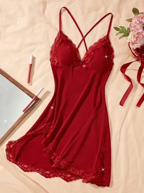 * Split Nightgown, Fashion Short Crossover Straps Slip And Nightdress, V-Neck Lace Trimmed Bow Sleep Dress * Split Nightgown, Fashion Short Crossover Straps Slip And Nightdress, V-Neck Lace Trimmed Bow Sleep Dress