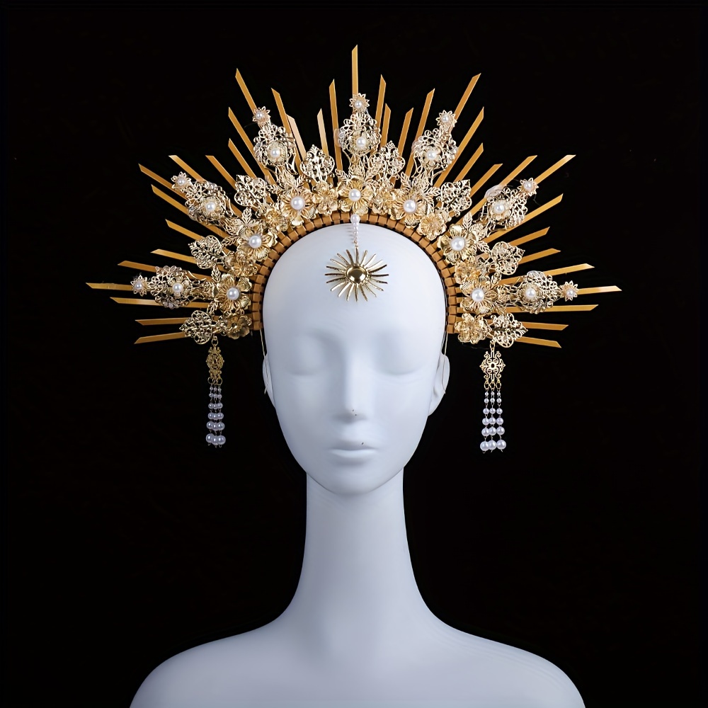 

A Lady's Golden Zipper With Pointed Halo Crown Headband In Silvery With White Beads Tassel, Goddess Halo Headpiece For Wedding Photography Props, Party Stage Performance, Carnival Costume Headwear.