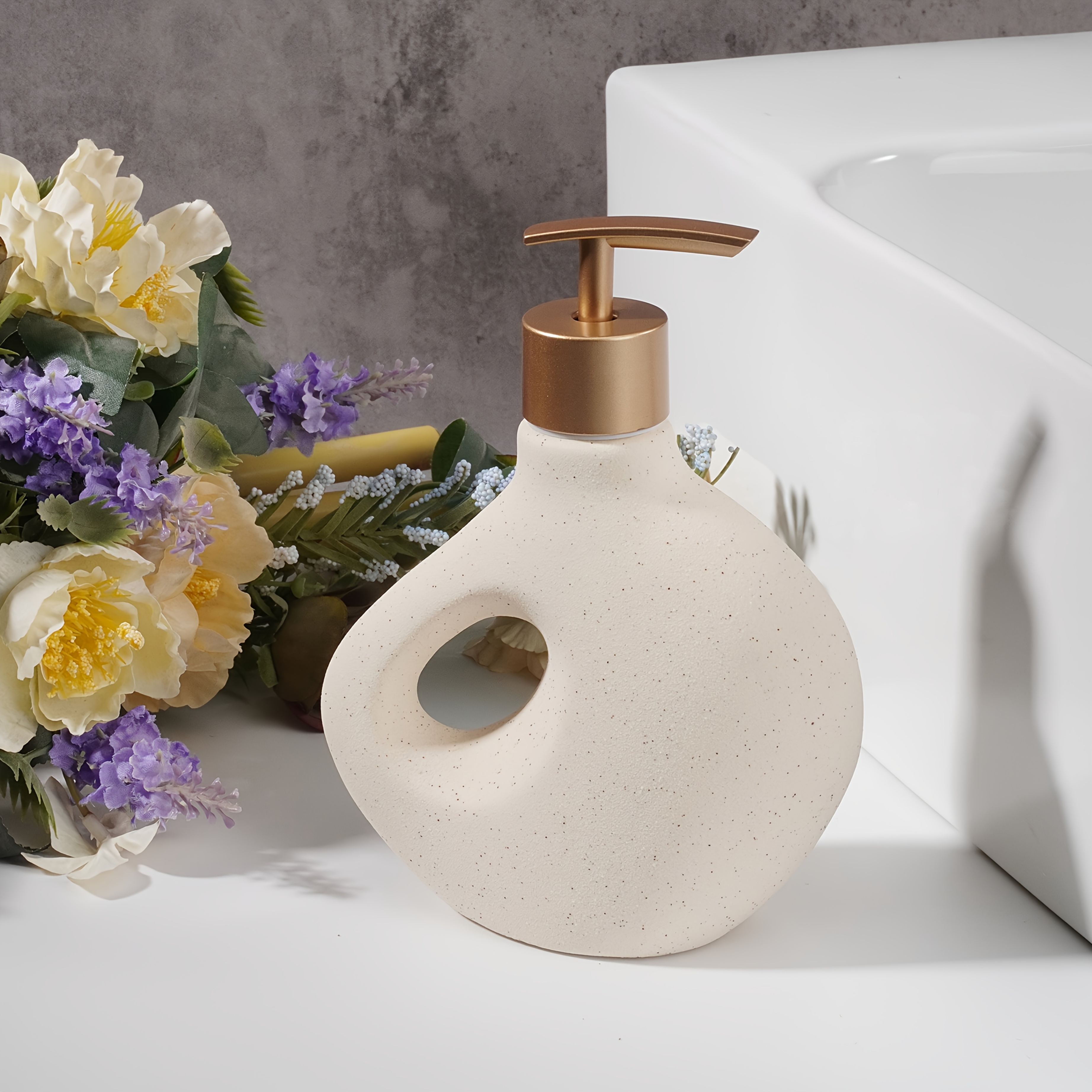 Sculptural Wabi-Sabi Style Soap Dispenser in Matte Beige Ceramic - A Textured Pump Bottle with a Golden Pump for Your Bathroom Or Kitchen