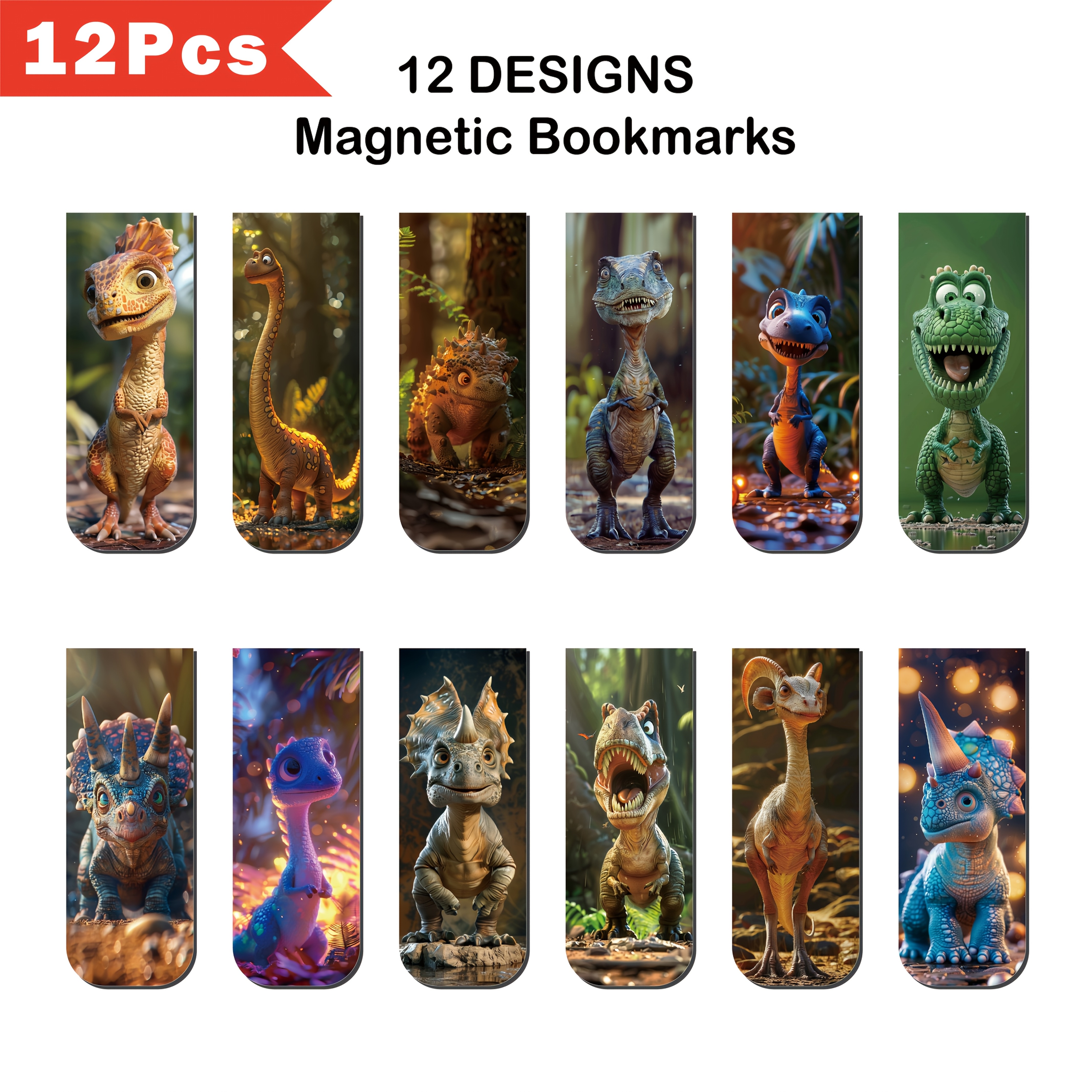 Image of Set Of 12 Vibrant Dinosaur Magnetic Bookmarks - Strong Paper Page Markers With 12 , Ideal For Students, Book Lovers, And Teacher Gifts