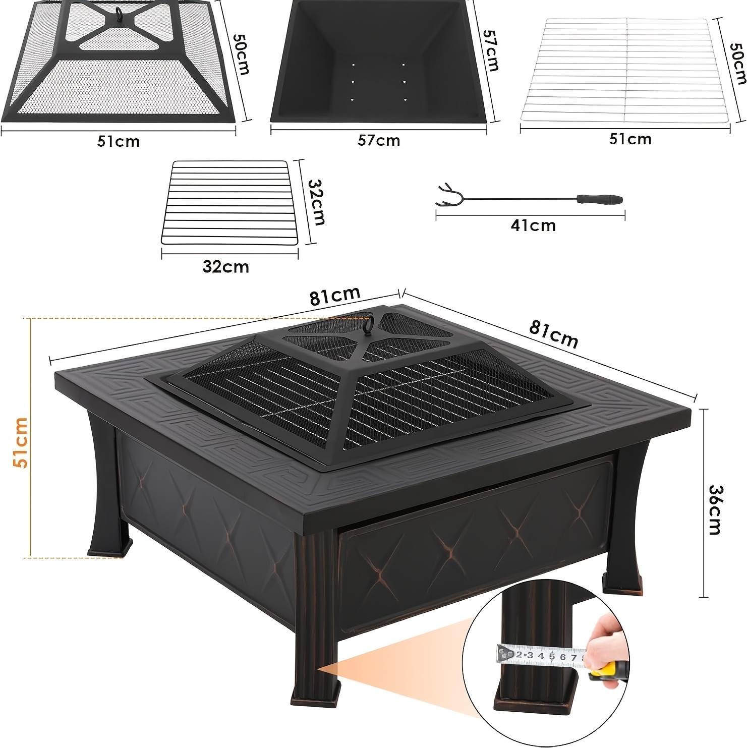 TEMU Outdoor Furnace, Outdoor Fire Pit, With Grill And , 3-in-1 Outdoor Square Fire Pit, Suitable For Patio Heating, Garden, Bbq, Camping, 81x81x51cm