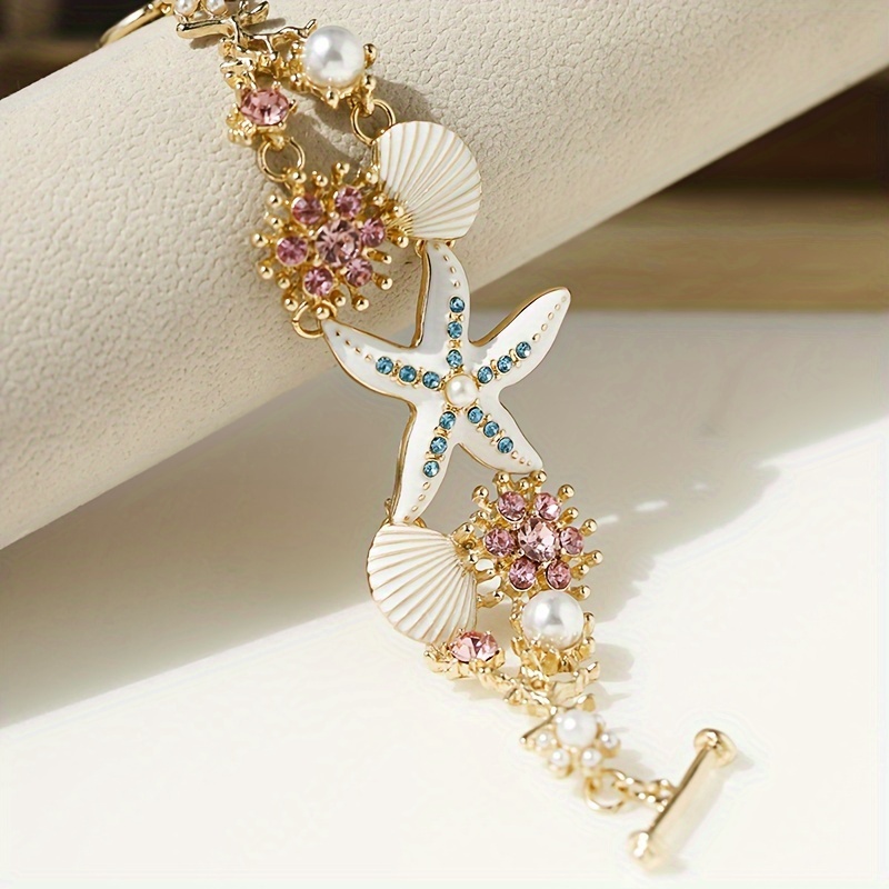 Bohemian Ocean Starfish & Seashell Bracelet with Rhinestones