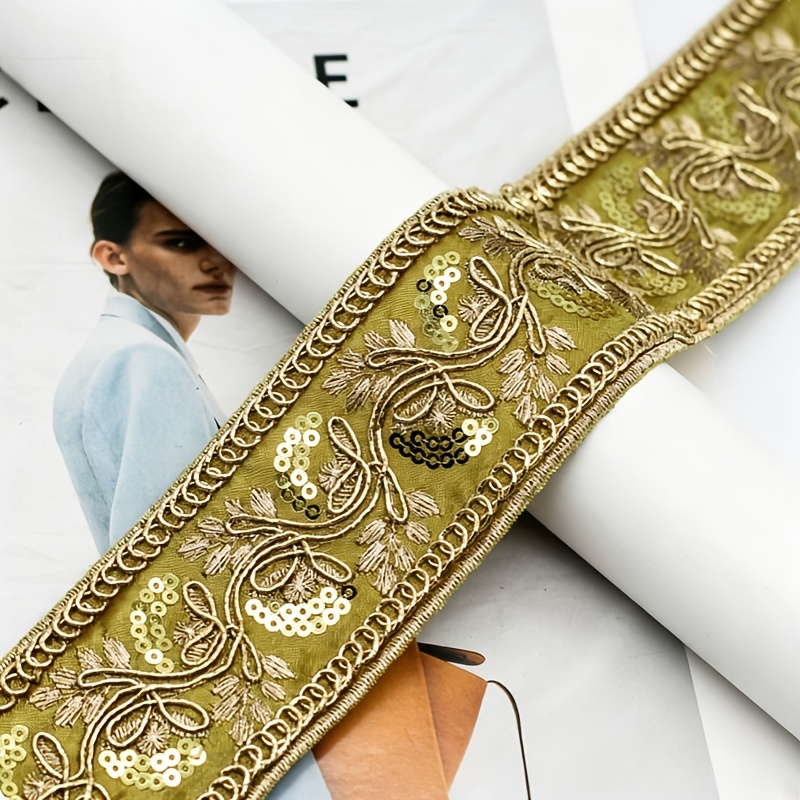 Heavy Duty Sequined Golden Thread Embroidered Ribbon