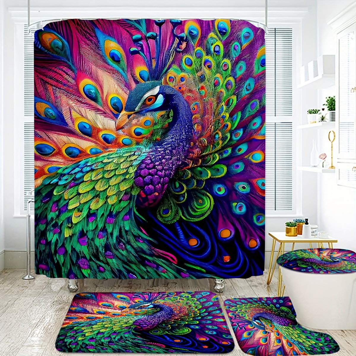 

1/4pcs Colorful Peacock Pattern Shower Curtain Set, Waterproof Shower Curtain With Hooks, Non-slip Bath Rug, U-shape Mat, Toilet Lid Pad, Bathroom Accessories