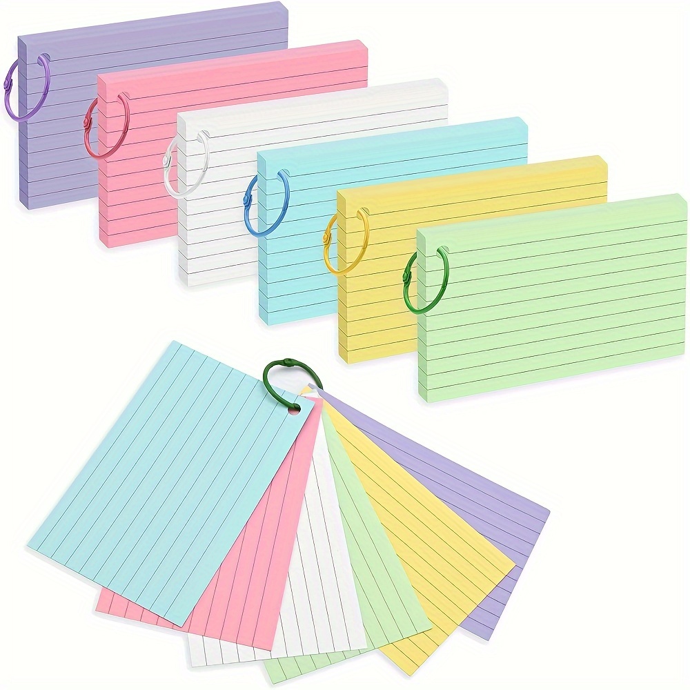 

300pcs Index Cards With Colorful Binder Rings, 3" X 5", 6 Color Assorted Color Ruled Punched Memo Note Cards Studying Record To Do List For Home School Office Supplies
