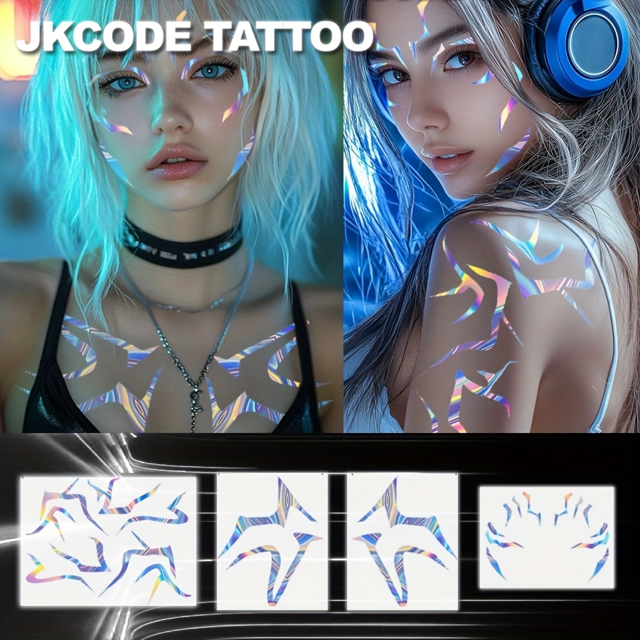 Image of Temporary Waterproof Holographic Tattoos -pop Themed For Halloween Makeup, Suitable For Face, Shoulders, And , Perfect For Body Art Decoration At For Halloween, Birthday Celebrations, Parties