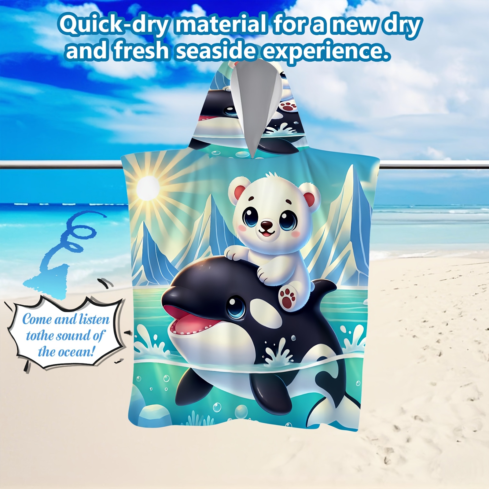TEMU 1pc Cute Animal Print Adult Beach Towel - Hooded Wearable Microfiber Quick-dry Towel With Tiger, Panda, Cat & More Designs For Surfing, Travel,