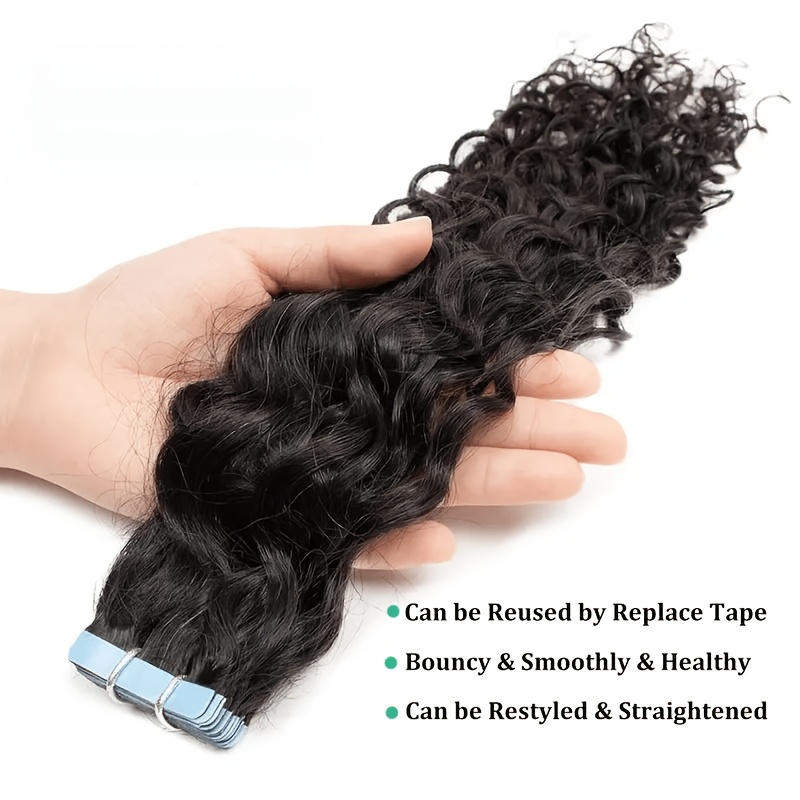 Water In Hair Extensions Human Hair Natural Wet And Wavy Invisible Seamless Skin Weft Soft Reusable For Women No Shed No Daily Party Use Multiple Color & Length Options Professional