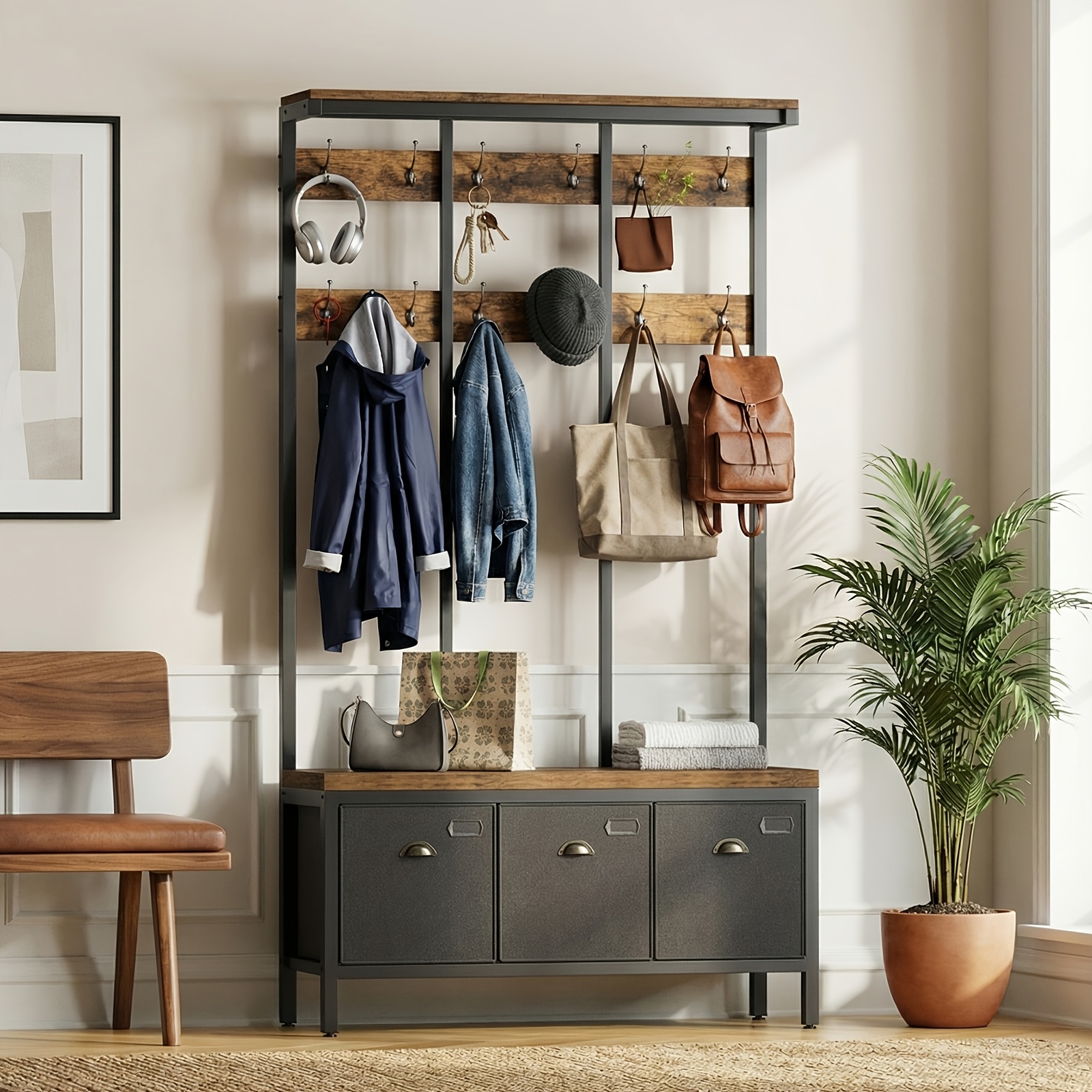 TEMU Large Storage Shelves, Practical Shelves And Coat Racks, Multifunctional Coat Rack With 12 Hooks, Shoe Bench With 3 Storage Boxes, Sturdy And